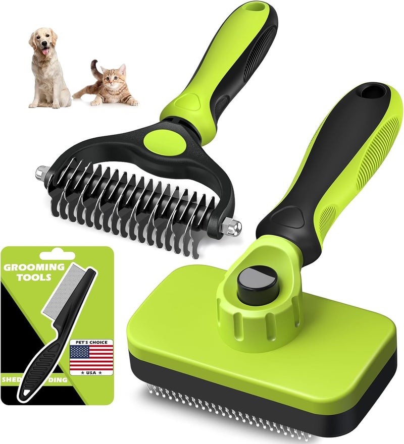 Augwind 3PCS Self Cleaning Slicker Brush & Pet Grooming Rake & Flea Comb for Dogs,Cats and Horses | Double-Sided Dematting Comb & Skin Friendly Deshedding Grooming Tool (J-Green Black) - Image 1
